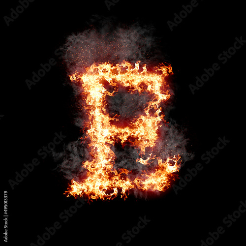 Letter E burning in fire with smoke, digital art isolated on black background, a letter from alphabet set
