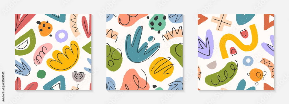 Set of childish abstract seamless pattern.Colorful hand drawn organic shapes,lines,doodles and elements.Vector trendy design for prints,flyers,banners,fabric,invitations,branding,covers and more.