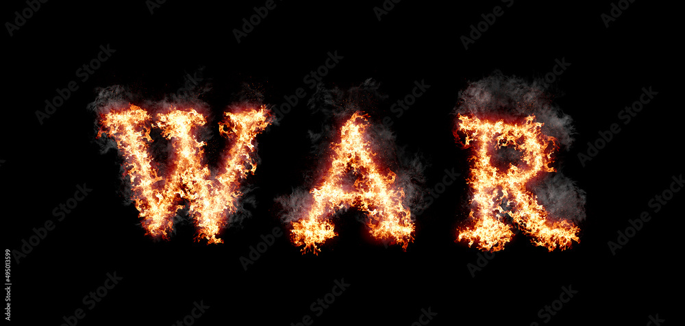 Word war burning with fire and smoke, digital art isolated on black background