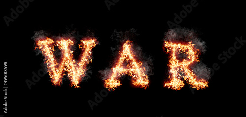 Word war burning with fire and smoke, digital art isolated on black background