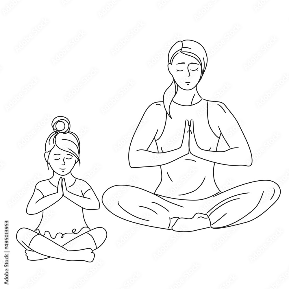 Mother and daughter meditate together and sit in a lotus. Yoga with mom Healthy lifestyle concept.vector vector in sketch style,outline drawing on white background Mother and daughter meditate together and sit in a lotus. Yoga with mom Healthy lifestyle concept.vector vector in sketch style,outline drawing on white background