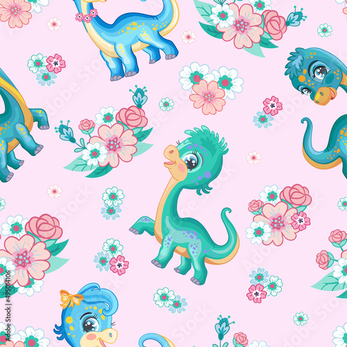 Seamless tropical pattern with cute diplodocus vector