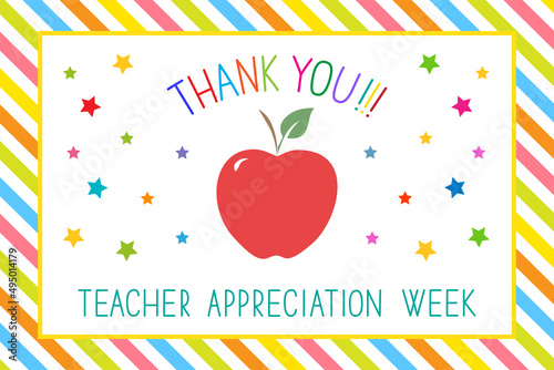 Teacher appreciation week concept. Text Thank you, stars, red apple in white frame on colorful striped  background. 
