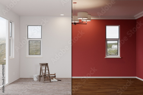 Unfinished Raw and Newly Remodeled Room of House Before and After with Wood Floors  Moulding  Dark Red Paint and Ceiling Lights.
