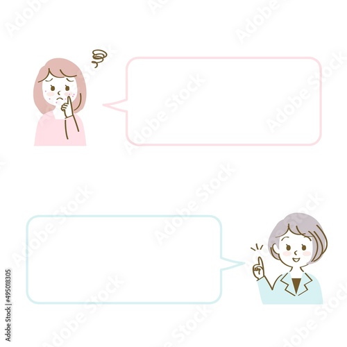 イラスト素材：肌トラブルで若い女性がニキビ、吹き出物の悩みを皮膚科医に相談する/Q&A/パステル線画

