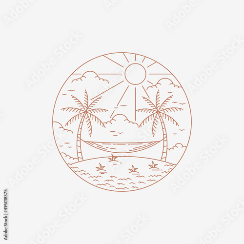 Summer beach in line style, beach on a tropical island, line art style design template inspiration