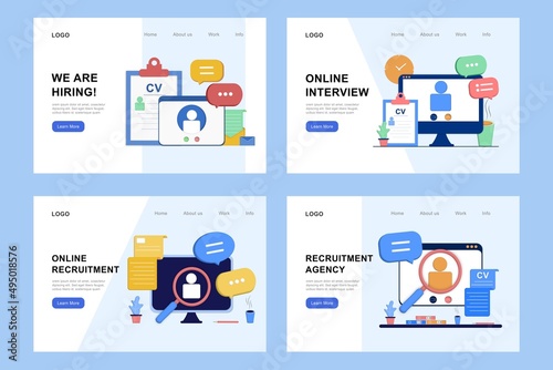 Recruitment agency landing page template set. Online job interview, hiring employment process, choosing candidate, searching job concept. CV, resume and vacant. 3D vector illustration for web banner.