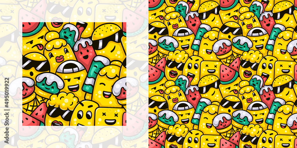 Fototapeta premium Cute monsters having ice cream and popsicles with watermelon in summer seamless doodle pattern | Pattern swatch included