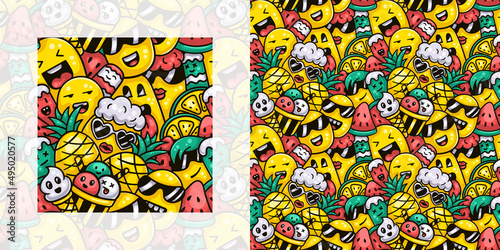 Cute monsters having ice cream and fruits in summer seamless doodle pattern | Pattern swatch included