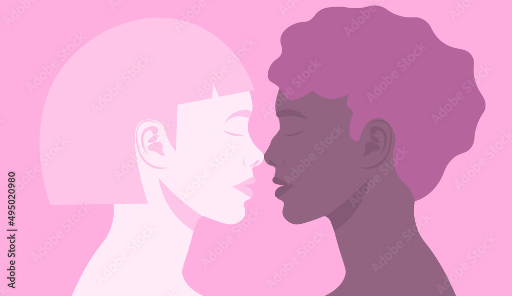 The concept of a relationship between two women. International lesbian couple. Love is love. Pride Month. Flat vector illustration. Kiss women in a minimalist style. Concept poster