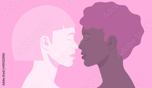 The concept of a relationship between two women. International lesbian couple. Love is love. Pride Month. Flat vector illustration. Kiss women in a minimalist style. Concept poster