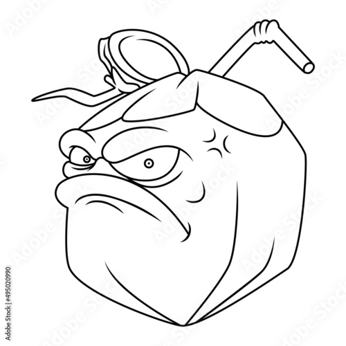 Coloring illustration of fierce faced cartoon coconut fruit