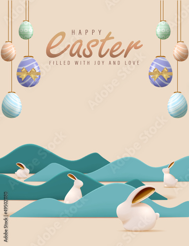 Happy Easter Day Design with Hanging Colorful Painted Realistic Eggs and Cute Bunny Vector Illustration. Egg Hunt Party Concept. Suitable for Poster Banner Flyer and Brochure Template