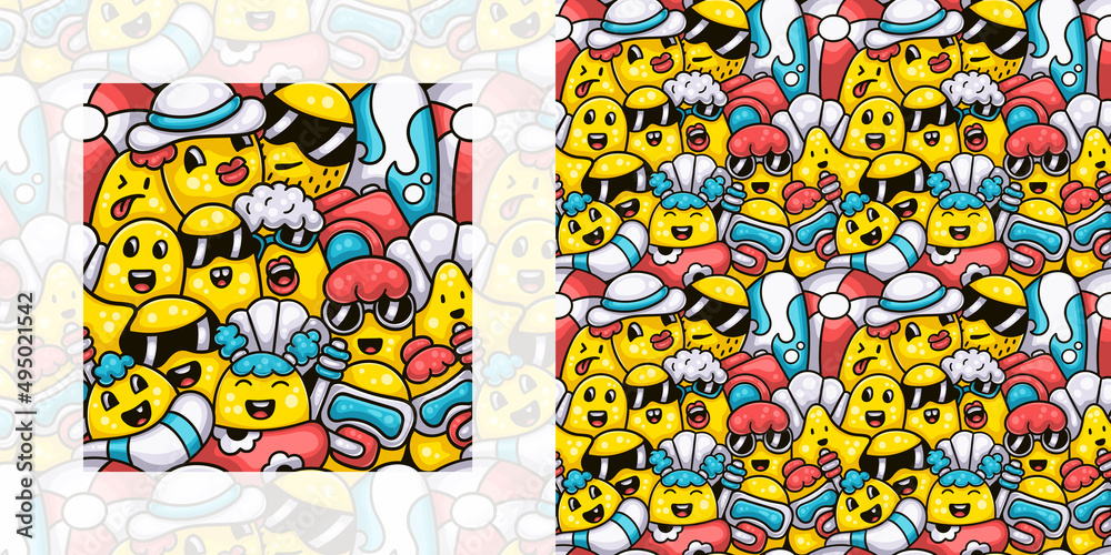 Cute monster family at the summer beach seamless doodle pattern | Pattern swatch included