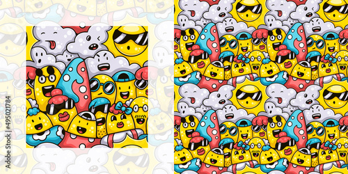 Cute monster family at hot and sunny summer beach seamless doodle pattern | Pattern swatch included