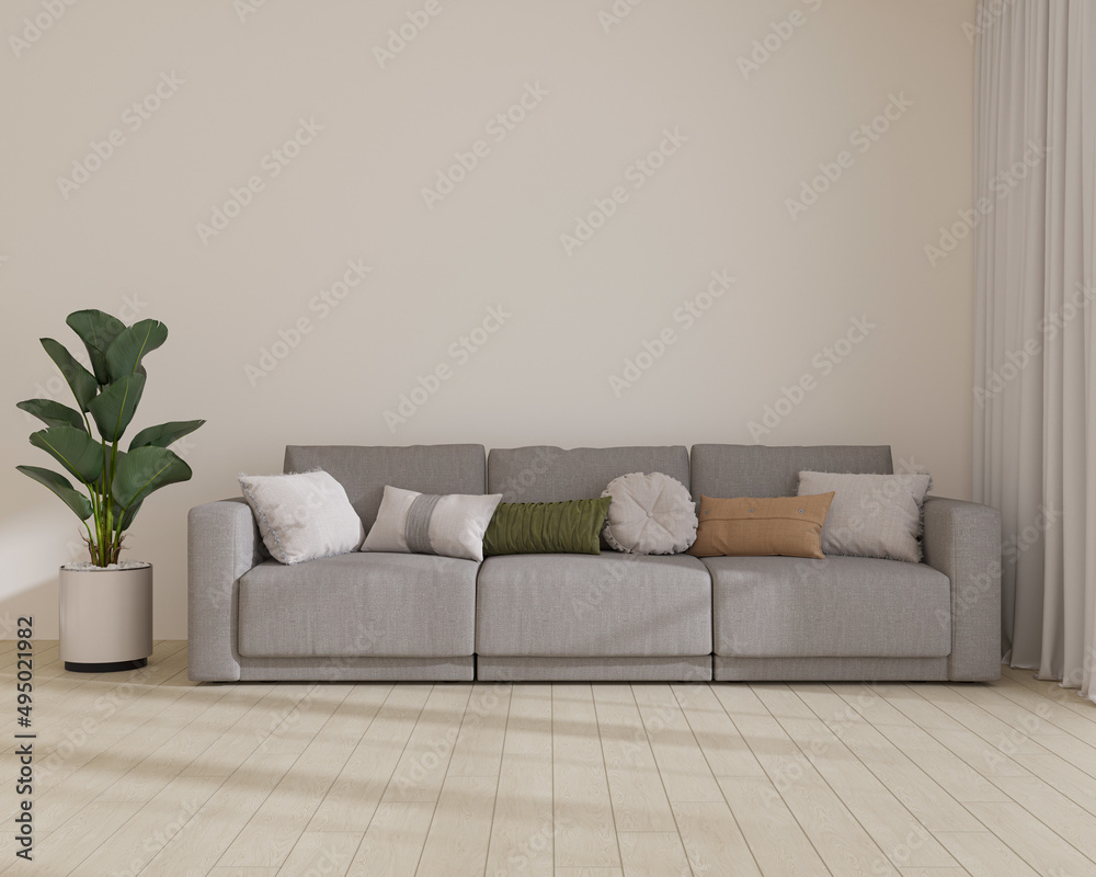 Stylish room in light color with sofa. Scandinavian interior design. 3D render Stylish room in light color with sofa. Scandinavian interior design. 3D render