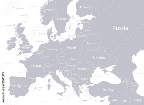 Europe with parts of Asia, gray white detailed map, individual states and islands and sea with names vector