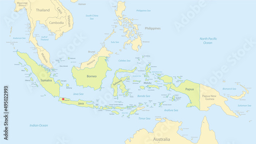 Indonesia map detailed with neighboring states, islands with names, classic maps design vector