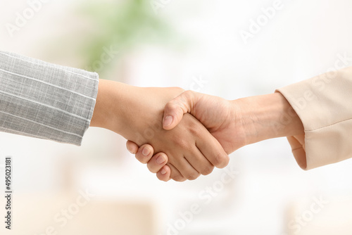 Businesswomen shaking hands during meeting in office