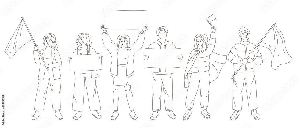People at rally set. Person hold flag, banner and poster no war in Ukraine. Protesting young men and women take part political meeting. Protest, parade against warfare. Flat design illustration People at rally set. Person hold flag, banner and poster no war in Ukraine. Protesting young men and women take part political meeting. Protest, parade against warfare. Flat design illustration