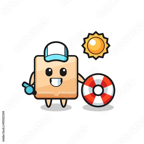 Cartoon mascot of pizza box as a beach guard
