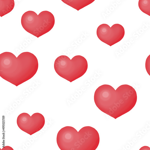 Cute seamless pattern of simple heart icons of pink coral colors, various size on white background. Love, wedding, romance, Valentine’s day symbol. Bright fancy design. Hand drawn illustration