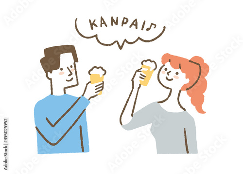 ビールで乾杯する男女_色