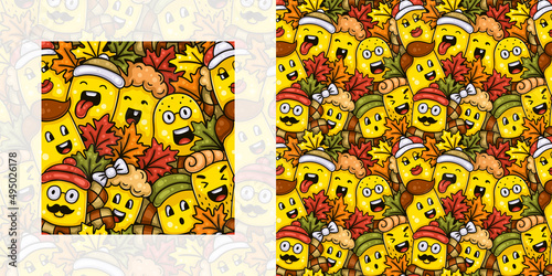Autumn seamless doodle pattern of kids and adults with maple leaves | Pattern swatch included