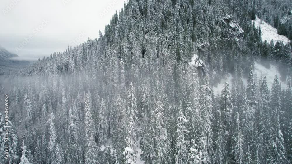 Drone Orbiting Foggy Dramatic Winter Landscape in Washington Mountains Drone Orbiting Foggy Dramatic Winter Landscape in Washington Mountains
