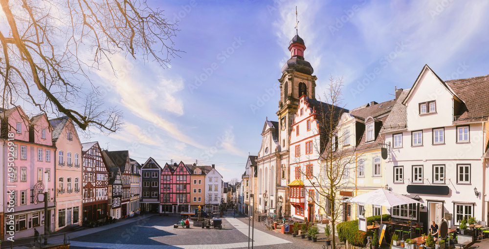 Panoramic view to the beautiful old town and church Maria Himmelfahrt in Hachenburg, Westerwald, Germany