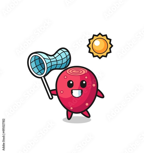 prickly pear mascot illustration is catching butterfly