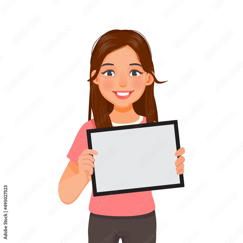 beautiful young woman holding and showing a digital smart tablet device with empty screen for copy space, texts, announcement messages and advertising content beautiful young woman holding and showing a digital smart tablet device with empty screen for copy space, texts, announcement messages and advertising content