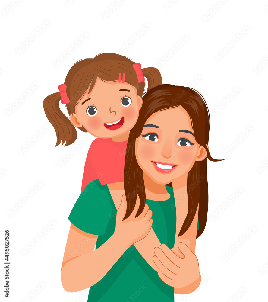 happy beautiful young woman giving a piggyback ride to cute little girl showing mother’s love to daughter holding her hands happy beautiful young woman giving a piggyback ride to cute little girl showing mother’s love to daughter holding her hands