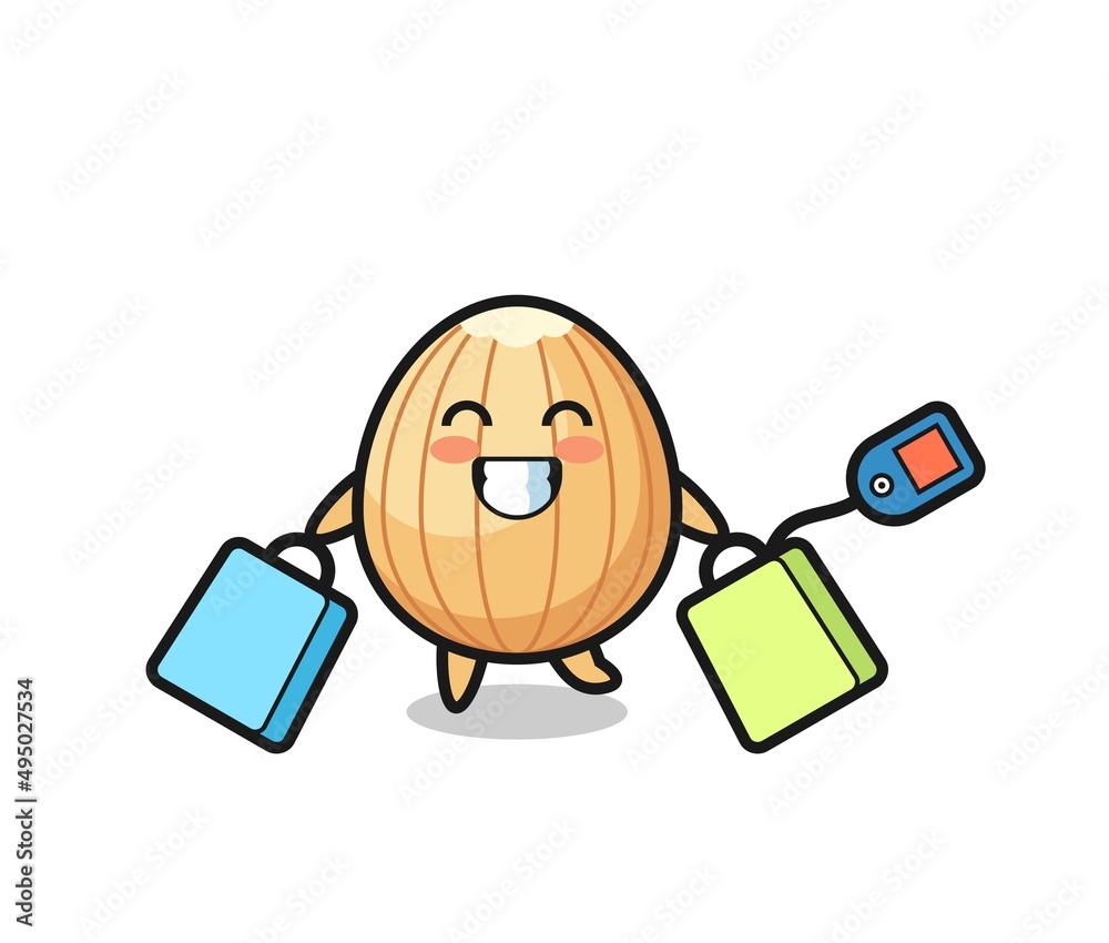 almond mascot cartoon holding a shopping bag