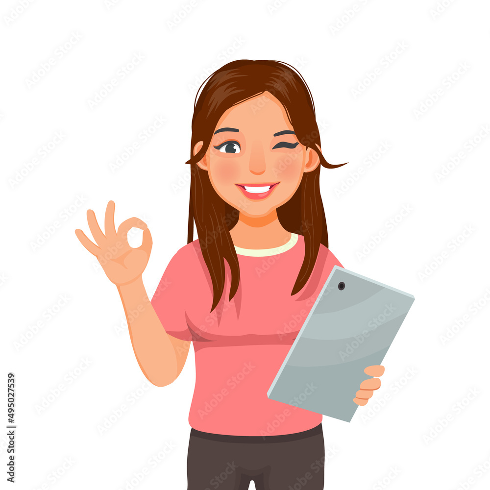 beautiful young woman holding and showing ok gesture while using a digital smart tablet device for reading news, browsing Internet, watching videos and checking social networks beautiful young woman holding and showing ok gesture while using a digital smart tablet device for reading news, browsing Internet, watching videos and checking social networks