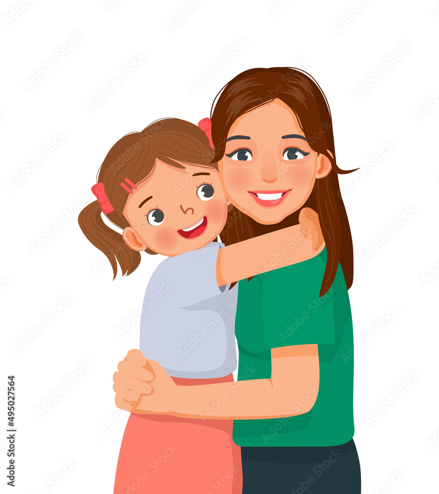 Beautiful young woman hugging her daughter showing mother’s love by embracing her cute little girl