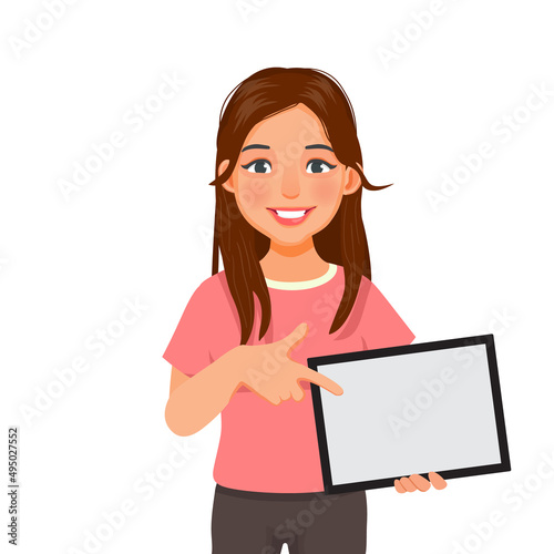 beautiful young woman holding and pointing finger to a digital smart tablet device with empty screen for copy space, texts, announcement messages and advertising content