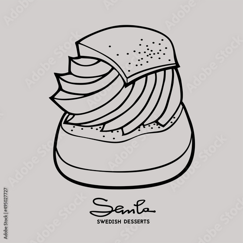 Semla traditional Swedish dessert. Outline illustration in doodle style.