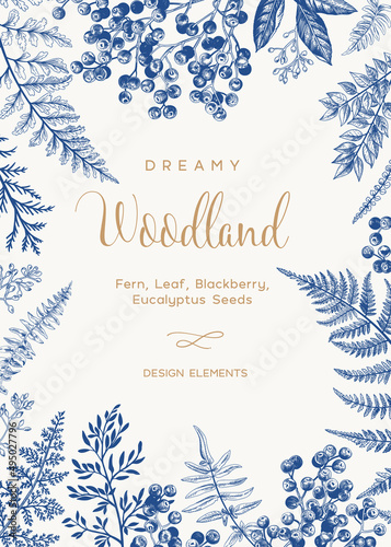 Floral frame with ferns. Blue.