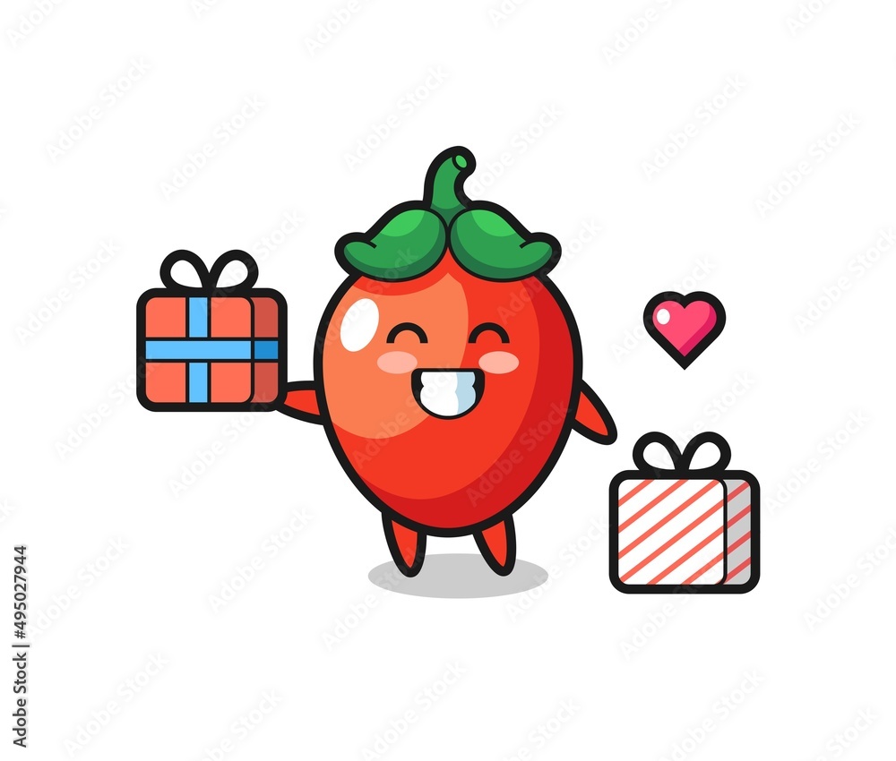 Naklejka premium chili pepper mascot cartoon giving the gift