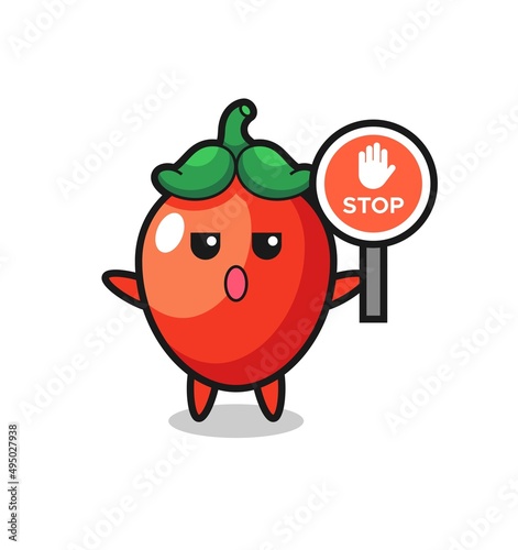 chili pepper character illustration holding a stop sign