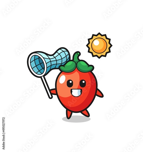chili pepper mascot illustration is catching butterfly