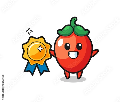 chili pepper mascot illustration holding a golden badge
