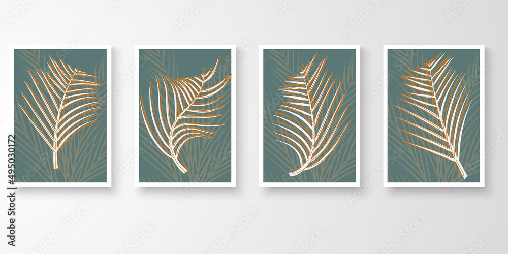Set of abstract art nature vector. Modern line art drawing. Botanical tropical leave shape earth tone color. Natural wall art vector illustration.