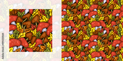 Autumn seamless doodle pattern of leaves and mushrooms | Pattern swatch included