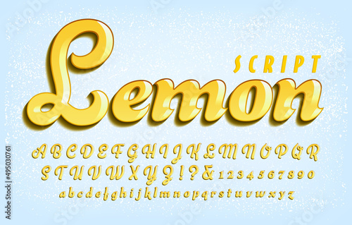 Lemon Script is an alphabet with the texture of lemon flavored gel candy. Good for logos and packaging.