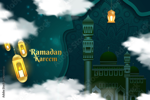 Background Ramadan Kareem style Islamic green mosque and element