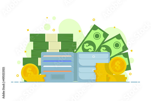 Business financial, Wallet with money pile, Vector illustration flat design style on isolated background.