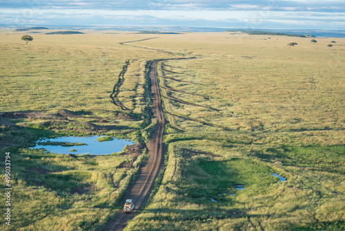 Aerial View of a Dirt Road from a Hot Air Balloon in Maasai Mara, Kenya.