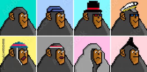 NFT non fungible token. Crypto art concept. Pixel art monkey set